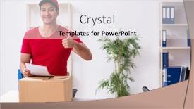  Presentation with courier - Amazing PPT layouts having young-male-courier-delivering-postbox backdrop and a white colored foreground