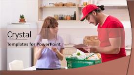  Presentation with courier delivery - Amazing presentation design having young male courier in food backdrop and a coral colored foreground