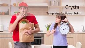  Presentation with courier delivery - Colorful presentation theme enhanced with young male courier in food backdrop and a soft green colored foreground