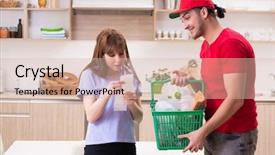  Presentation with courier delivery - Cool new slide set with young male courier in food backdrop and a lemonade colored foreground