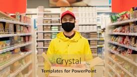  Presentation with products supermarket - Presentation theme enhanced with young-male-courier-in-uniform background and a yellow colored foreground