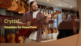  Presentation with instrument - Slide deck enhanced with young-male-customer-choosing-acoustic background and a tawny brown colored foreground