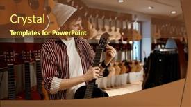  Presentation with instrument - PPT theme with young-male-customer-choosing-acoustic background and a tawny brown colored foreground