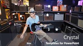  Presentation with speaker - Slide set enhanced with young-male-customer-plugging-electric background and a dark gray colored foreground