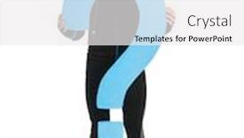  Presentation with cyclist - Presentation design having young male cyclist holding question mark isolated on white background background and a white colored foreground