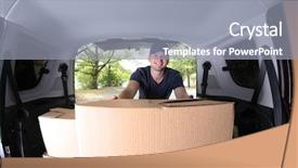  Presentation with loading - Cool new presentation theme with young male deliverer loading boxes backdrop and a gray colored foreground