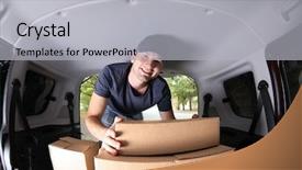  Presentation with loading - Presentation design enhanced with young male deliverer loading boxes background and a light gray colored foreground