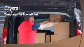  Presentation with car service - PPT layouts consisting of young male deliverer loading boxes background and a dark gray colored foreground