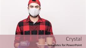  Presentation with pay - Colorful PPT theme enhanced with young-male-delivery-service-worker backdrop and a coral colored foreground