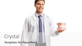  Presentation with jaw - Amazing PPT theme having young-male-dentist-holding backdrop and a white colored foreground