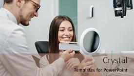  Presentation with dental veneers - Presentation design consisting of young-male-dentist-in-white background and a coral colored foreground