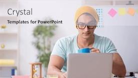  Presentation with office - Slide set featuring young-male-designer-sitting background and a sky blue colored foreground