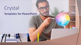  Presentation with young students working in groups - Slide deck with young-male-designer-working background and a sky blue colored foreground