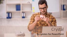  Presentation with working - Slide set featuring young-male-designer-working background and a coral colored foreground