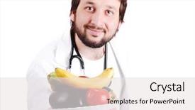  Presentation with healthy food - Slide deck having young male doctor advising healthy natural food background and a white colored foreground