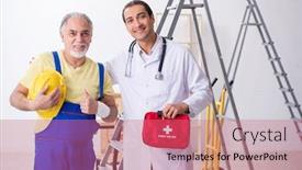  Presentation with first aid - Slides enhanced with young-male-doctor-and-old background and a coral colored foreground