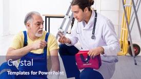  Presentation with first aid - Amazing PPT theme having young-male-doctor-and-old backdrop and a navy blue colored foreground
