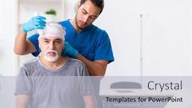  Presentation with aid - Amazing PPT theme having young-male-doctor-and-old backdrop and a light gray colored foreground