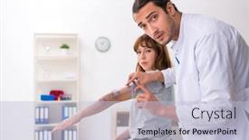  Presentation with joint - Beautiful presentation theme featuring young-male-doctor-checking-woman backdrop and a light blue colored foreground