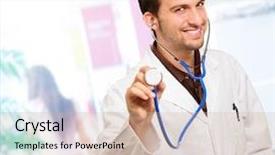  Presentation with check your label - Audience pleasing PPT theme consisting of young male doctor doing check backdrop and a  colored foreground