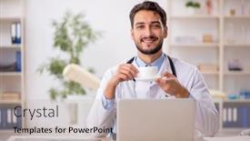  Presentation with coffee - Theme having young-male-doctor-drinking-coffee background and a mint green colored foreground