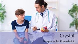  Presentation with clinic - Amazing slide deck having young-male-doctor-examining-boy backdrop and a light blue colored foreground