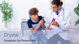  Presentation with clinic - Audience pleasing presentation design consisting of young-male-doctor-examining-boy backdrop and a light blue colored foreground