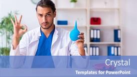  Presentation with gastroenterologist - Slide set consisting of young-male-doctor-gastroenterologist-working background and a teal colored foreground