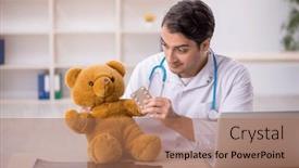  Presentation with toy - Presentation theme consisting of young-male-doctor-holding-toy background and a coral colored foreground