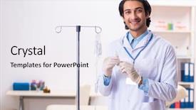  Presentation with blood veins - Cool new slide deck with young male doctor in blood backdrop and a sky blue colored foreground