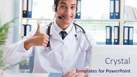  Presentation with telehealth - Amazing PPT theme having young-male-doctor-in-telehealth backdrop and a sky blue colored foreground