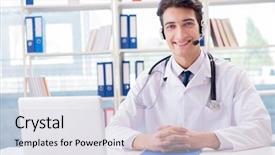  Presentation with telehealth - Audience pleasing PPT theme consisting of young male doctor in telehealth backdrop and a sky blue colored foreground