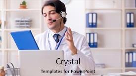  Presentation with telemedicine word cloud concept - Amazing slide deck having young male doctor in telemedicine backdrop and a light gray colored foreground