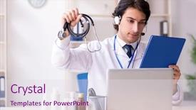  Presentation with telemedicine - PPT layouts with young male doctor in telemedicine background and a sky blue colored foreground