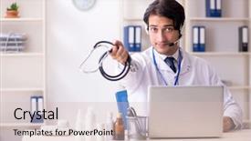  Presentation with telemedicine - Colorful presentation theme enhanced with young male doctor in telemedicine backdrop and a soft green colored foreground