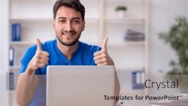  Presentation with telemedicine - Slide deck consisting of young-male-doctor-in-telemedicine background and a light gray colored foreground