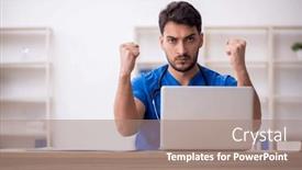  Presentation with telemedicine - PPT layouts with young-male-doctor-in-telemedicine background and a coral colored foreground