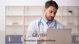  Presentation with telemedicine - PPT theme consisting of young-male-doctor-in-telemedicine background and a light gray colored foreground