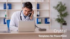  Presentation with telemedicine - PPT layouts consisting of young-male-doctor-in-telemedicine background and a coral colored foreground