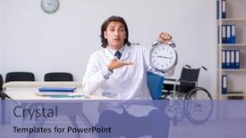  Presentation with time management - Presentation design having young male doctor in time management concept background and a teal colored foreground