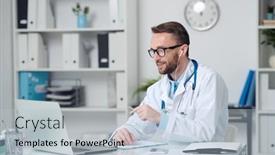  Presentation with medical laptop - Beautiful PPT theme featuring young-male-doctor-in-whitecoat backdrop and a light blue colored foreground