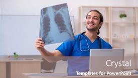  Presentation with radiologist - PPT theme with young-male-doctor-radiologist-working background and a gray colored foreground
