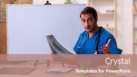  Presentation with radiologist - Cool new PPT layouts with young-male-doctor-radiologist-working backdrop and a coral colored foreground