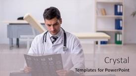  Presentation with radiologist - PPT theme having young-male-doctor-radiologist-working background and a light gray colored foreground
