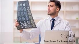  Presentation with radiologist - Presentation design consisting of young-male-doctor-radiologist-working background and a mint green colored foreground