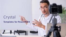  Presentation with blog - Slide set consisting of young male doctor recording video for his blog background and a sky blue colored foreground