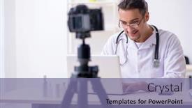  Presentation with blog - Slide deck having young male doctor recording video for his blog background and a violet colored foreground
