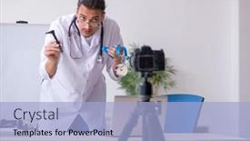  Presentation with blog - Beautiful slide deck featuring young male doctor recording video for his blog backdrop and a light blue colored foreground