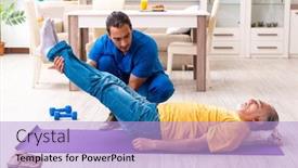  Presentation with old young - Beautiful slide set featuring young male doctor visiting old patient at home backdrop and a light blue colored foreground