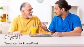  Presentation with old young - Audience pleasing PPT layouts consisting of young-male-doctor-visiting-old backdrop and a soft green colored foreground